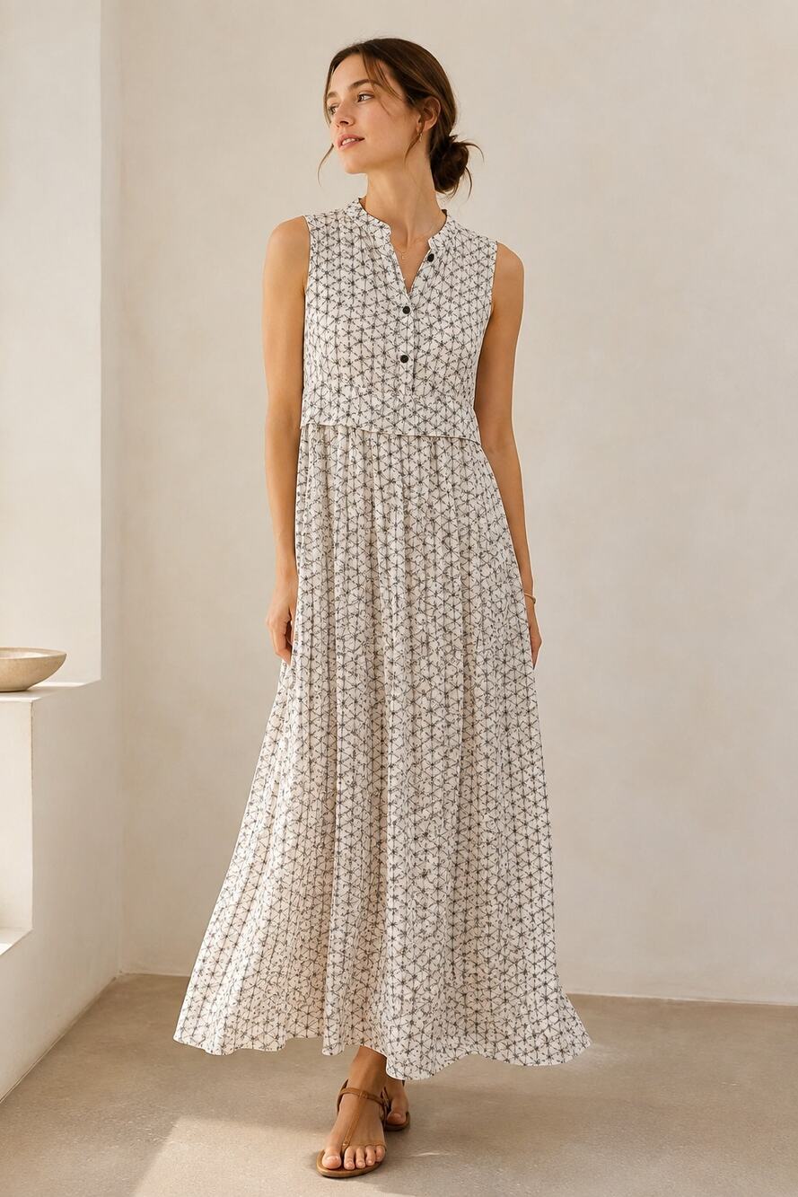 Creatures of Comfort 100% Silk Sleeveless Maxi Dress Geometric Print XS Made USA